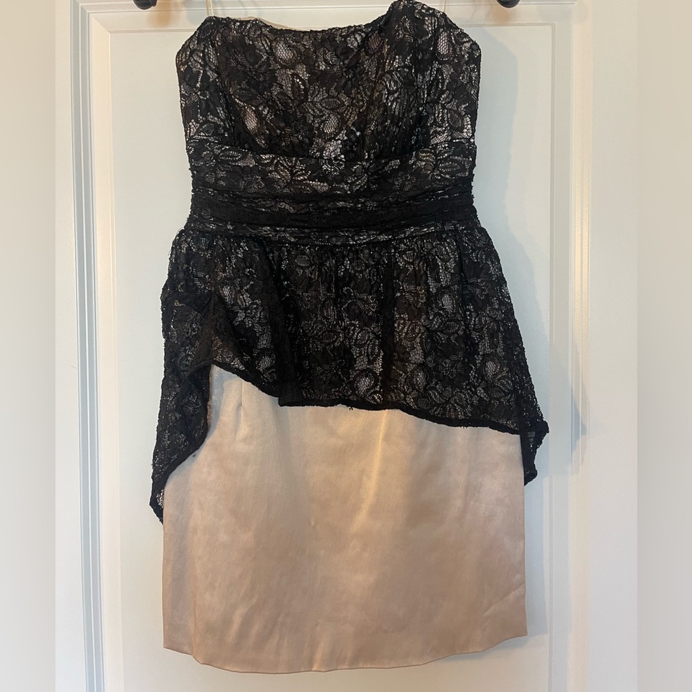 Size 8 short GUESS dress in champagne satin and high/low black lace. Strapless